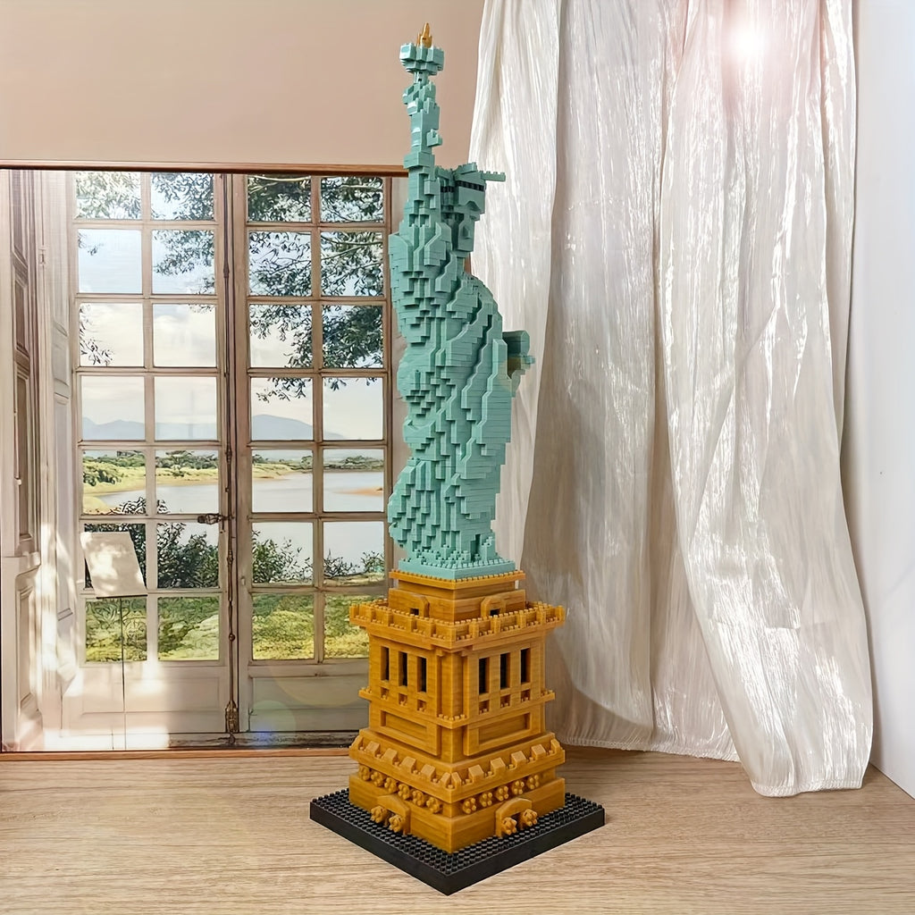 LibertyBrick Masterpiece 3D puzzle model displayed by window, featuring mint green statue on golden base, natural lighting