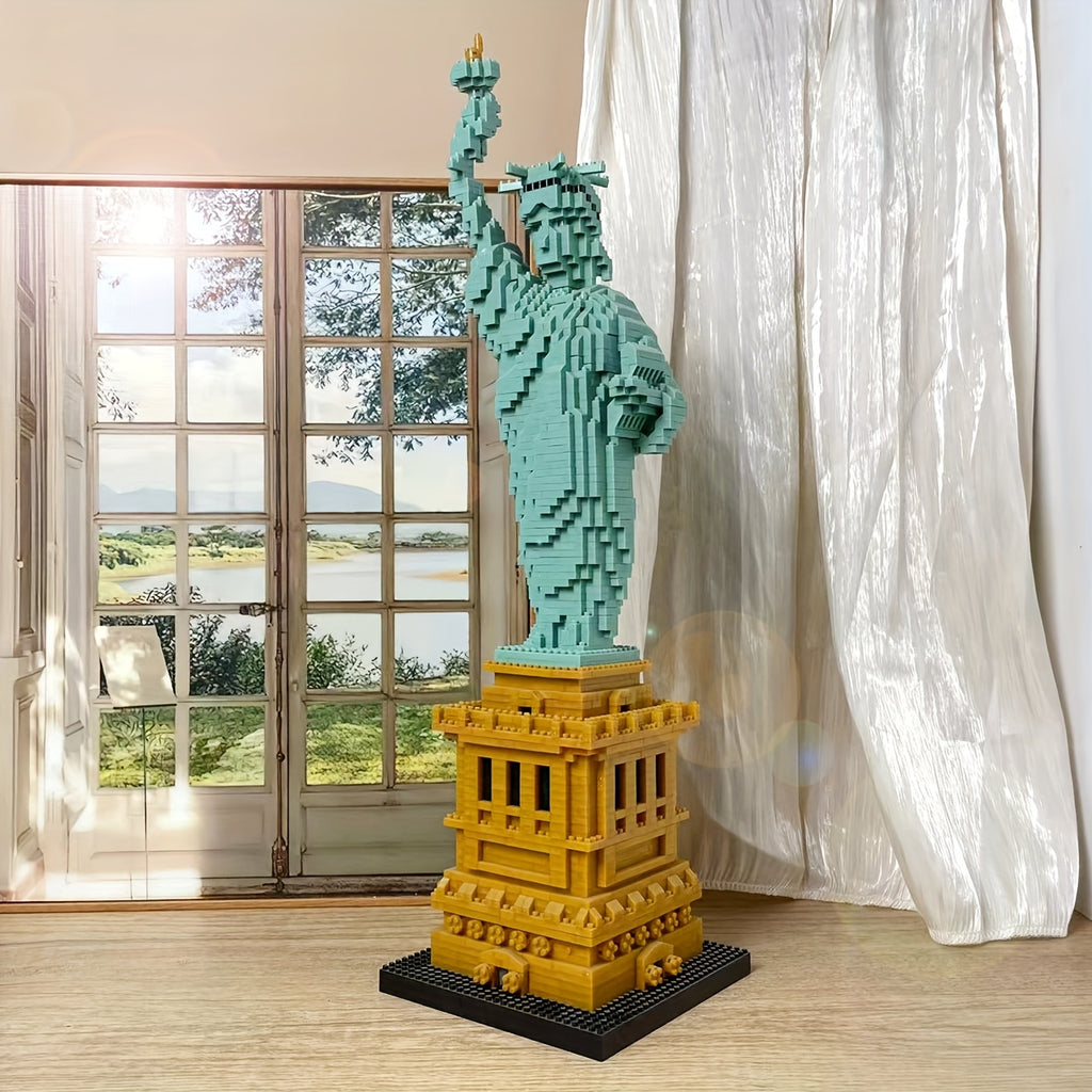 LibertyBrick Masterpiece 3D puzzle model displayed near window, featuring teal statue on golden base with natural lighting