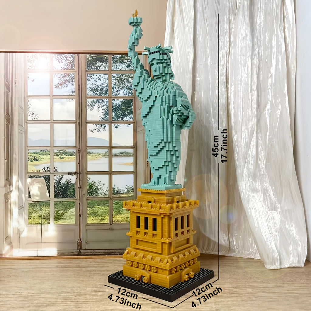 LibertyBrick Masterpiece 3D puzzle model in turquoise and gold displayed by window, showing detailed Statue of Liberty build
