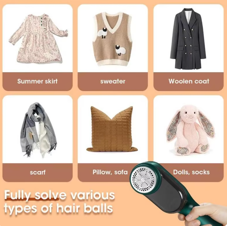 LintBuster Pro device shown with clothing items - portable lint remover with dark teal handle removing fuzz from garments and fabrics