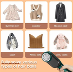 LintBuster Pro device shown with clothing items - portable lint remover with dark teal handle removing fuzz from garments and fabrics