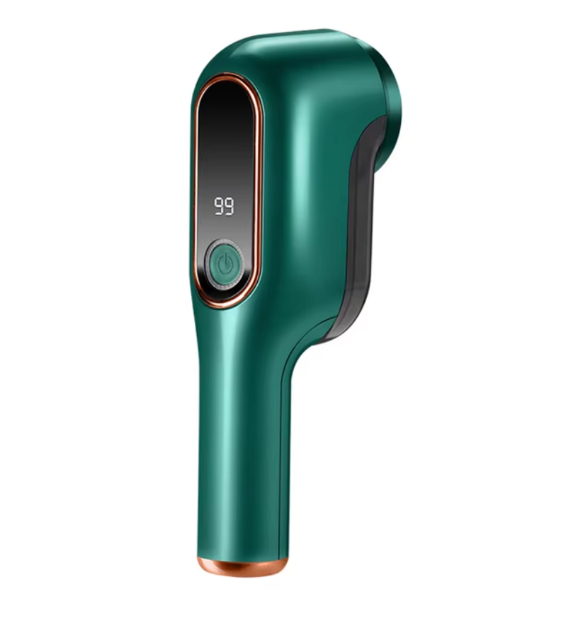 LintBuster Pro handheld lint remover in emerald green with digital display and rose gold accents on white background