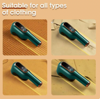 LintBuster Pro handheld lint remover in forest green with power button shown on various fabric surfaces - portable cleaning tool