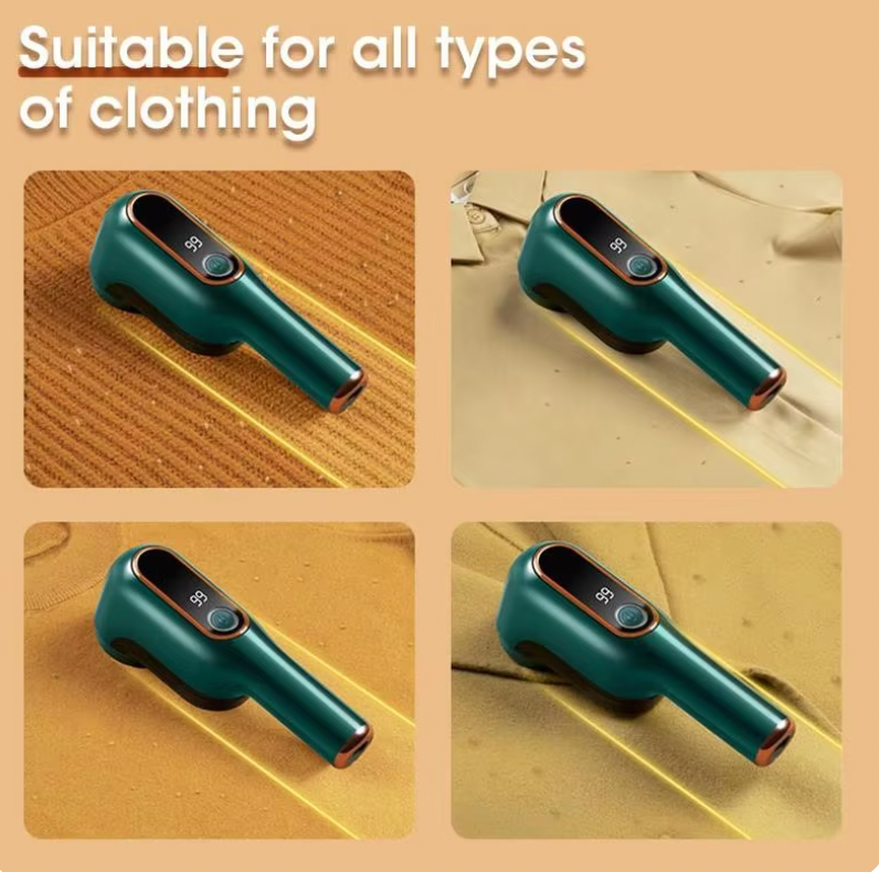 LintBuster Pro handheld lint remover in forest green with power button shown on various fabric surfaces - portable cleaning tool