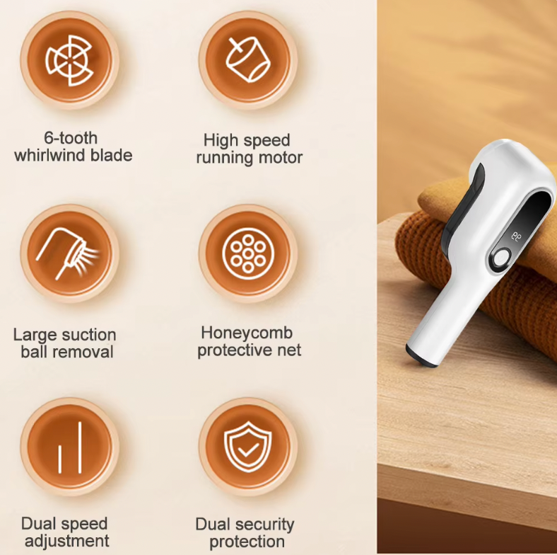 LintBuster Pro portable lint remover with 6-tooth blade and dual speed settings shown in white on wooden surface