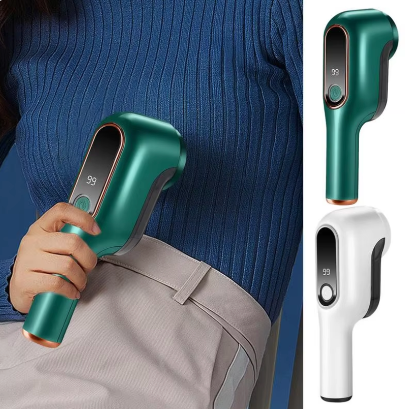LintBuster Pro portable lint remover with 6-tooth blade and dual speed settings shown in white on wooden surface