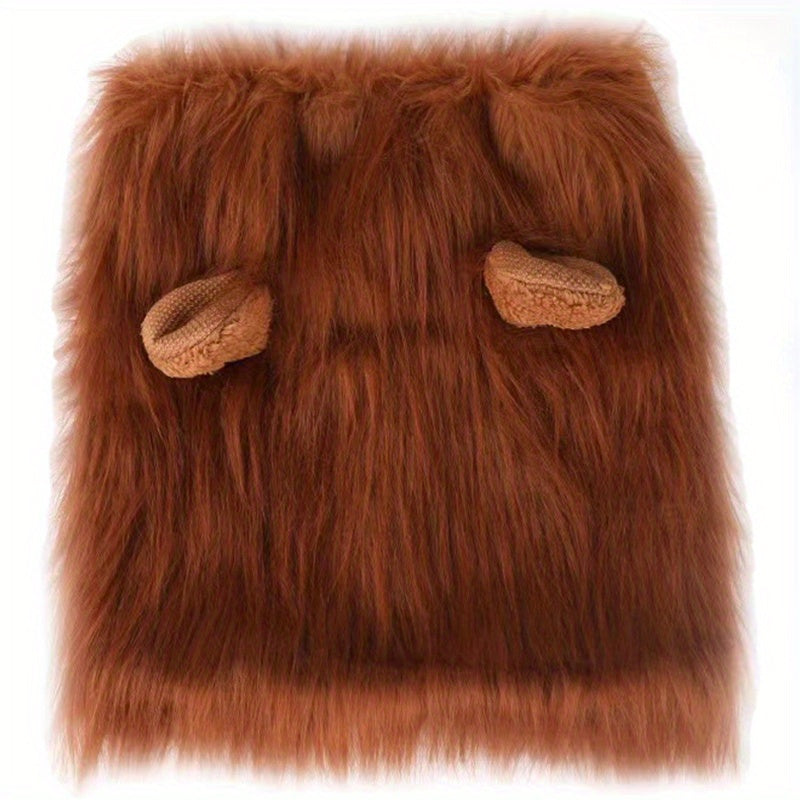 Lion Mane Dog Costume featuring brown fluffy faux fur material with ear attachments laid flat on white background - pet costume accessory