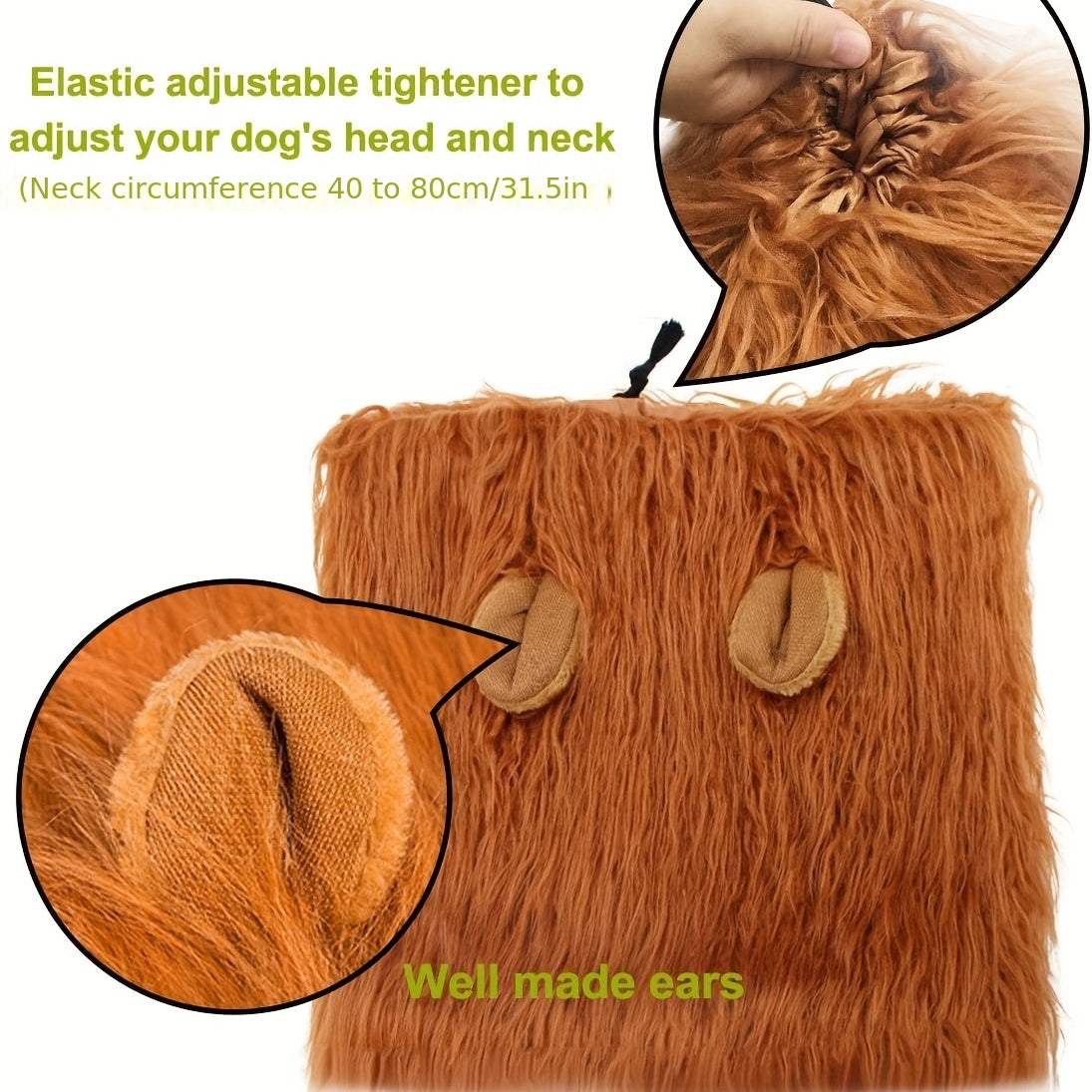 Lion Mane Dog Costume with adjustable brown furry mane, detailed ears and elastic tightener for secure fit - plush pet costume