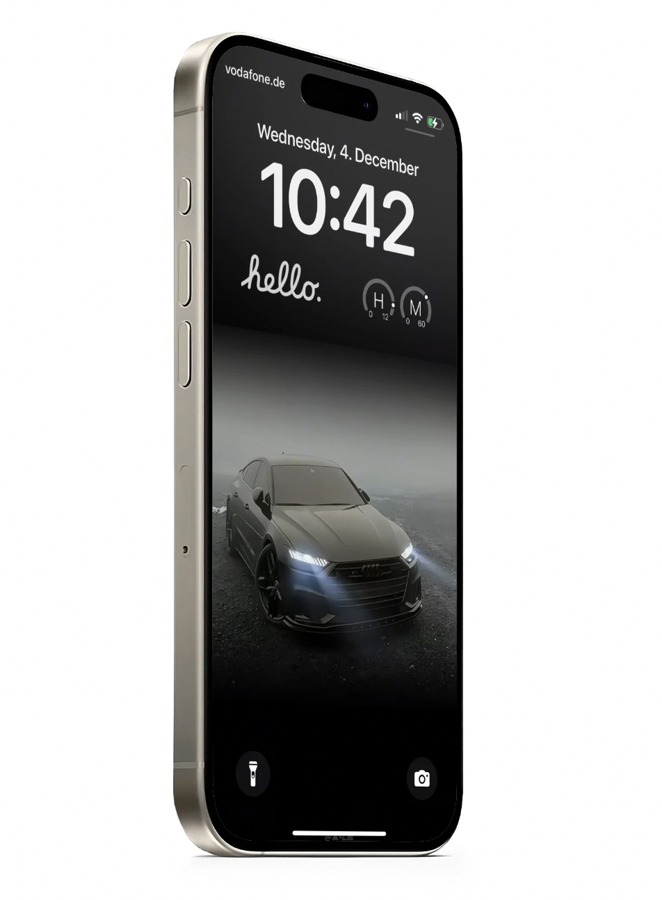 Live Phone Wallpaper displaying sleek black Audi with LED headlights on misty road - modern iPhone lock screen design in HD