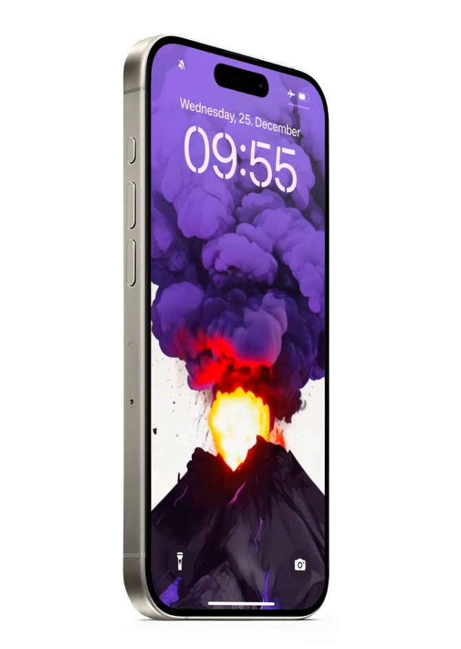 Live Phone Wallpaper displaying volcanic eruption with purple smoke and glowing lava on silver iPhone mockup - HD digital design