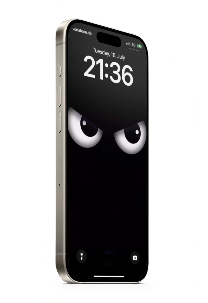 Live Phone Wallpaper featuring cartoon eyes on black background displayed on silver iPhone - minimalist digital design