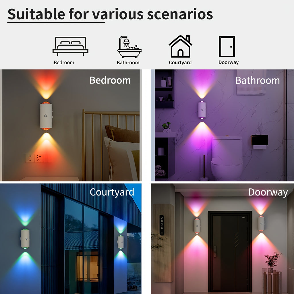 LumeGlow motion-sensing smart light shown in bedroom, bathroom, courtyard and doorway with colorful RGB lighting effects