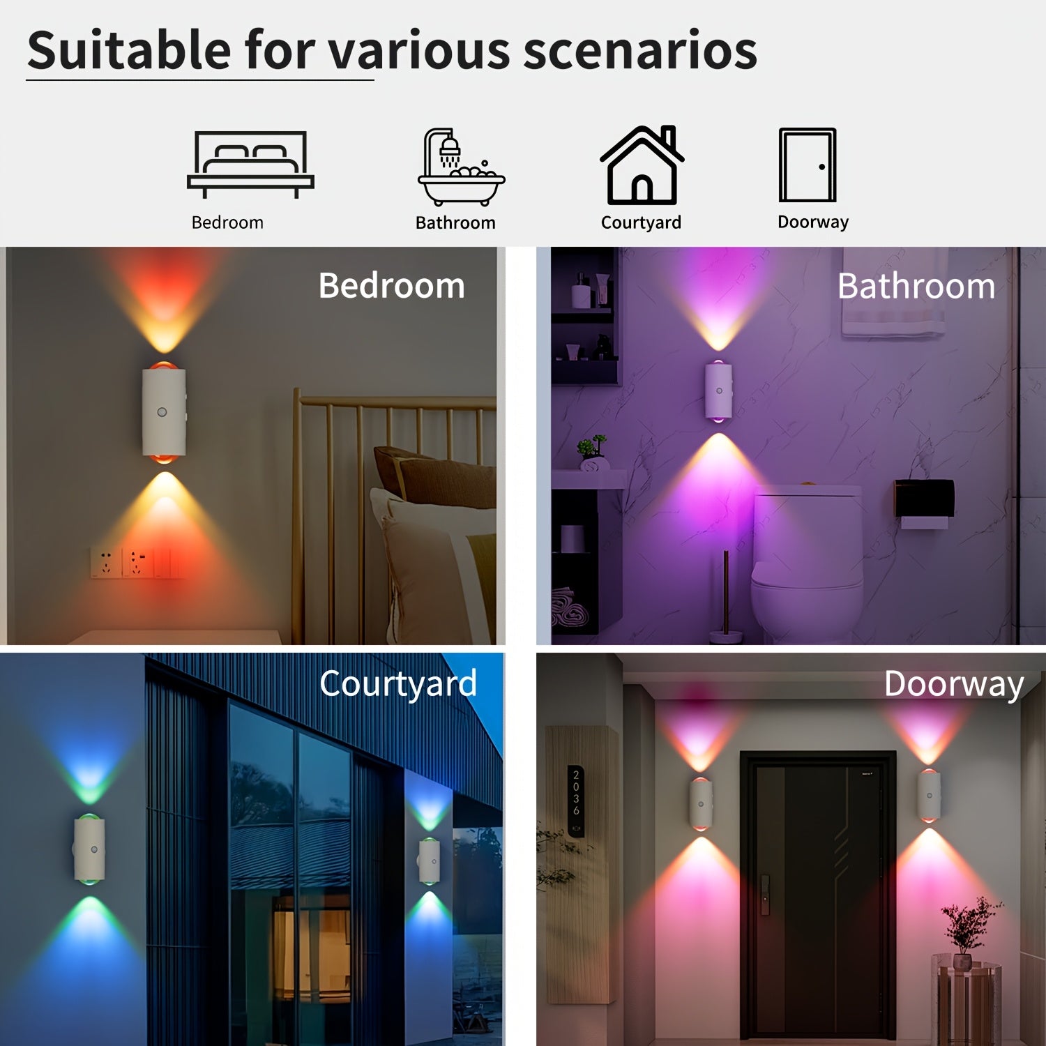 LumeGlow motion-sensing smart light shown in bedroom, bathroom, courtyard and doorway with colorful RGB lighting effects