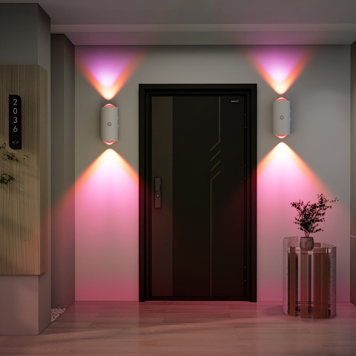 LumeGlow motion-sensing wall lights casting pink ambient glow around modern black door entrance with decorative plant