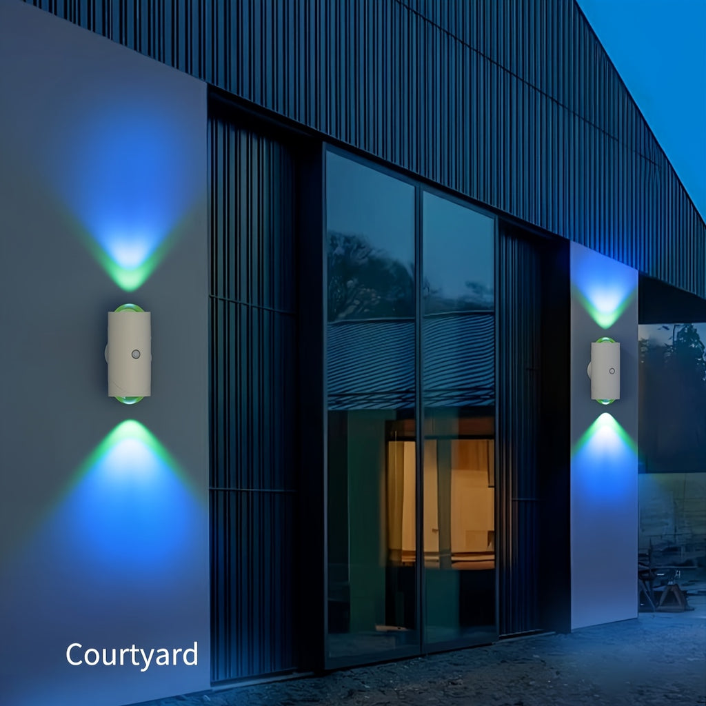 LumeGlow motion-sensing wall lights illuminating modern building exterior with blue-green gradient beams at dusk