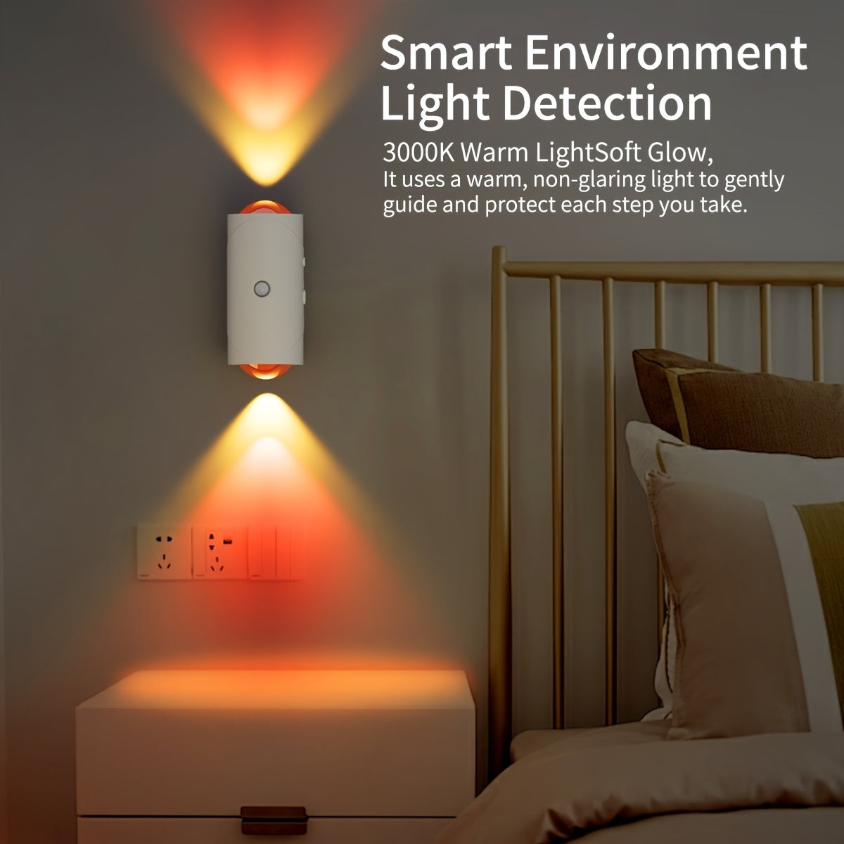 LumeGlow motion sensor light casting warm orange glow in bedroom, mounted on wall above bedside table with dual beam effect