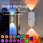 LumeGlow smart night light displaying rainbow gradient effects and motion sensing capabilities - wall-mounted with colorful lighting demo