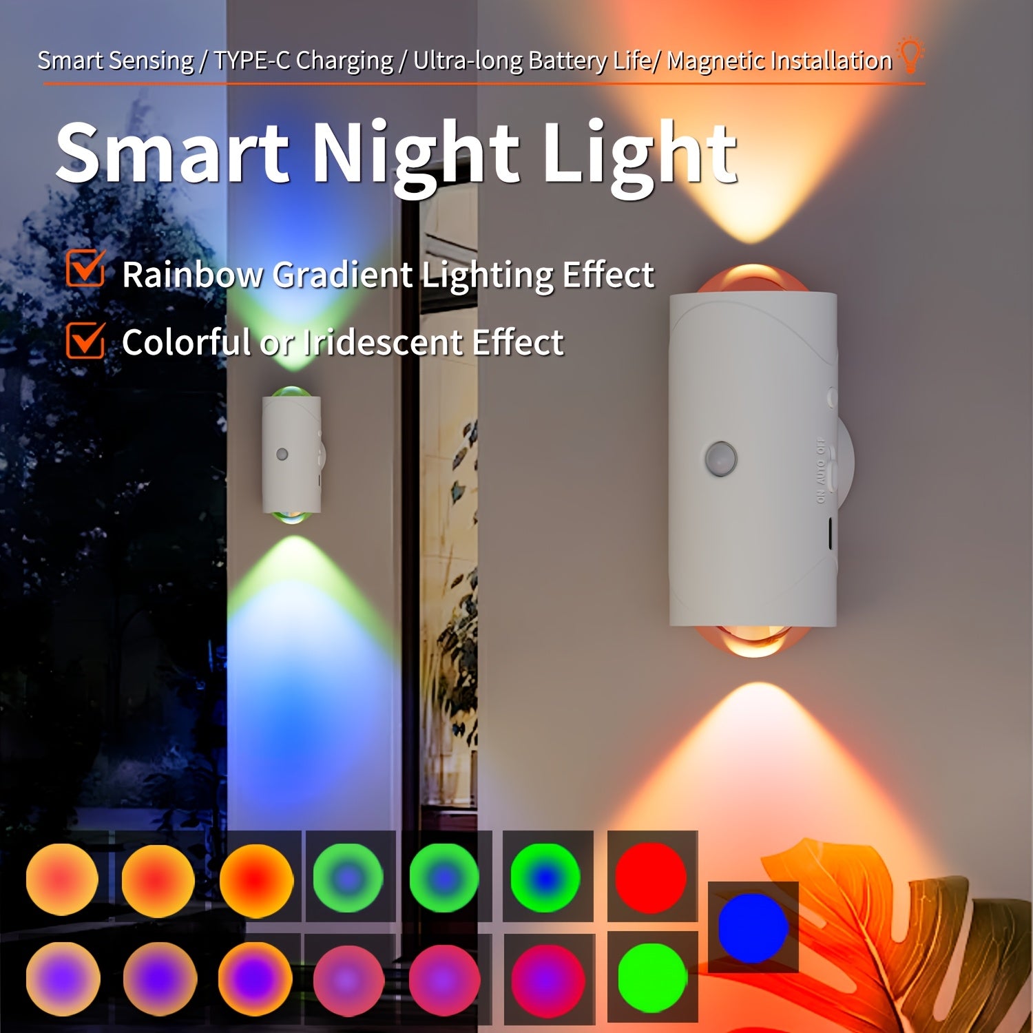 LumeGlow smart night light displaying rainbow gradient effects and motion sensing capabilities - wall-mounted with colorful lighting demo