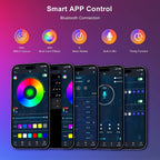 LumePillar RGB Sync Floor Lamp app interface showing color wheel, music modes, and smart controls on dark theme display