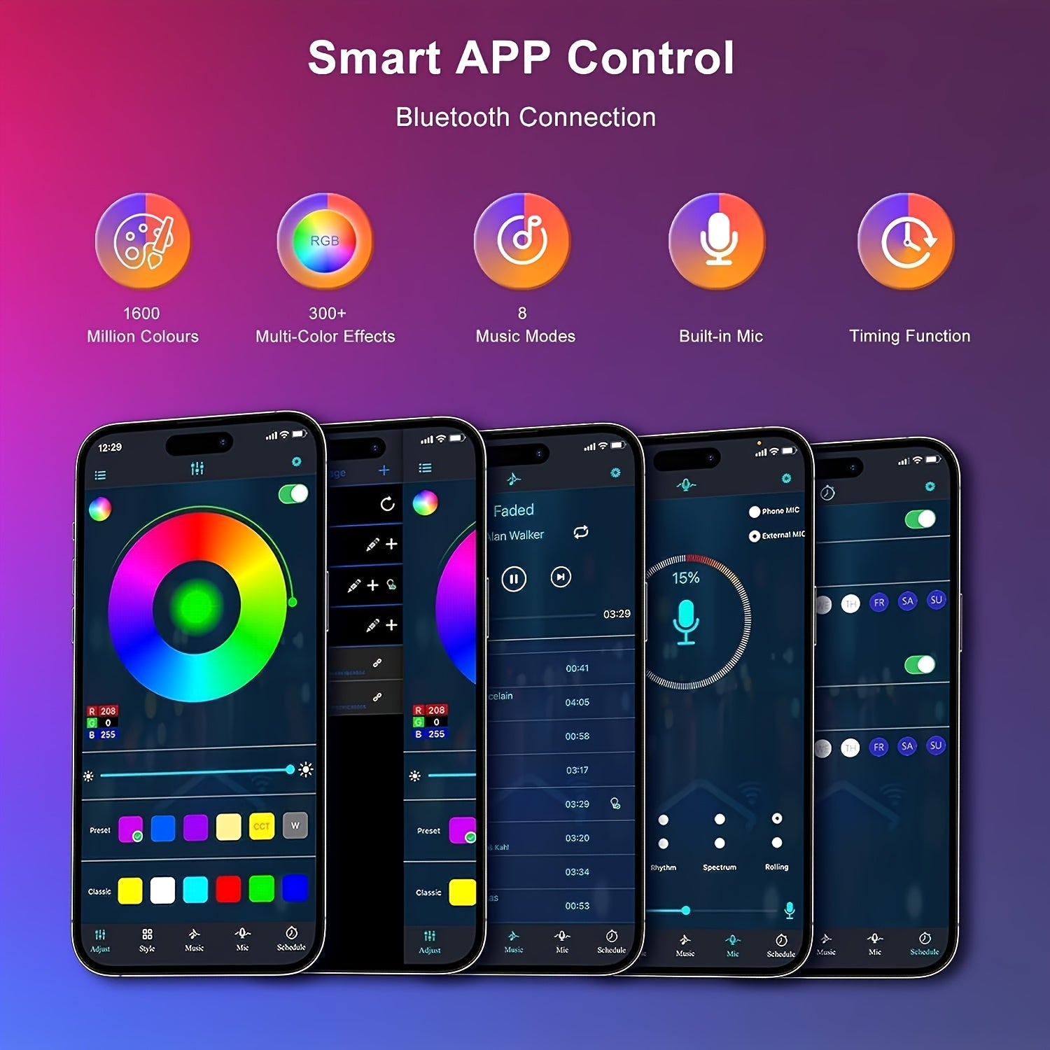 LumePillar RGB Sync Floor Lamp app interface showing color wheel, music modes, and smart controls on dark theme display