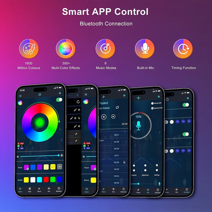 LumePillar RGB Sync Floor Lamp app interface showing color wheel, music modes, and smart controls on dark theme display