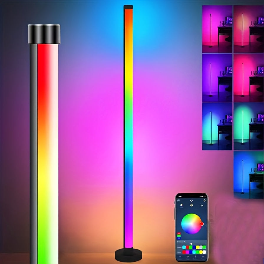 LumePillar RGB Sync Floor Lamp displaying vibrant rainbow colors with smartphone app control and multi-color mood lighting examples