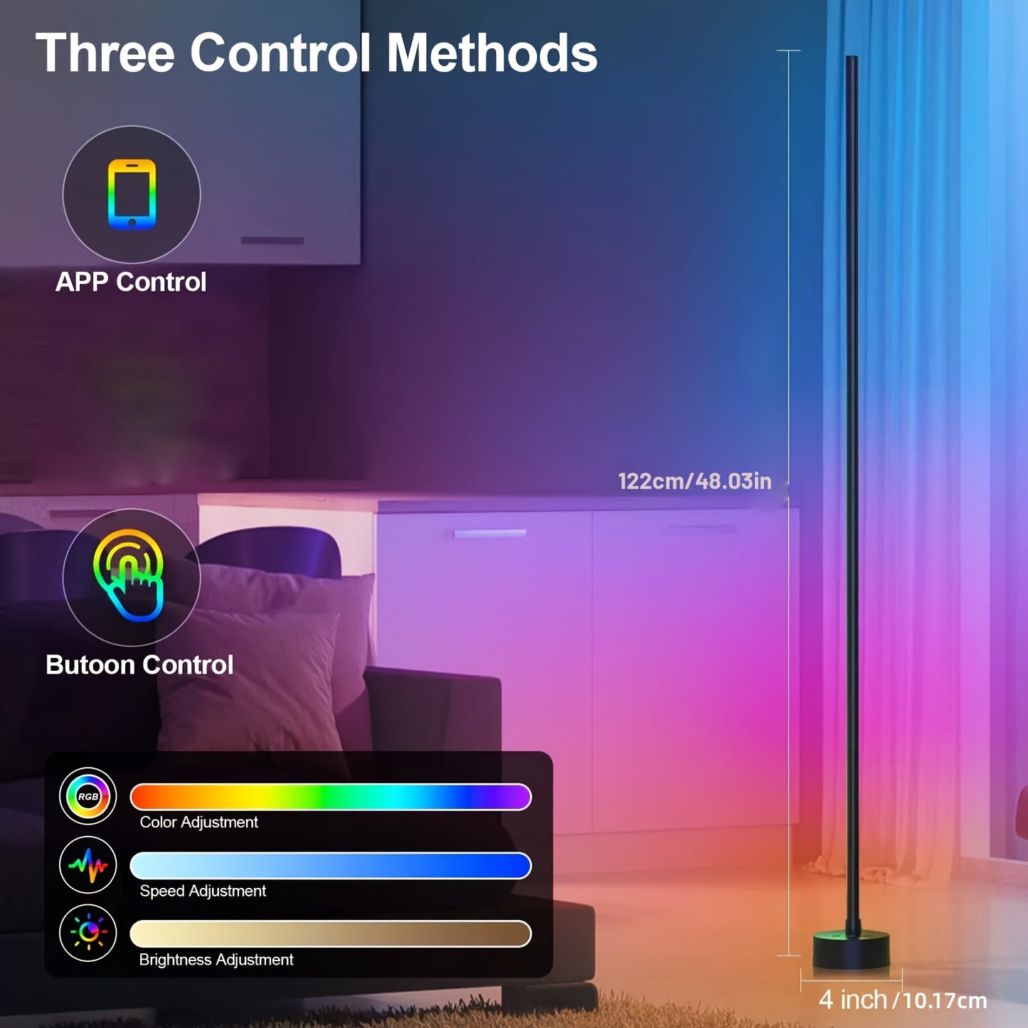 LumePillar RGB Sync Floor Lamp with app, button controls displaying vibrant multicolor lighting effects in modern bedroom setup