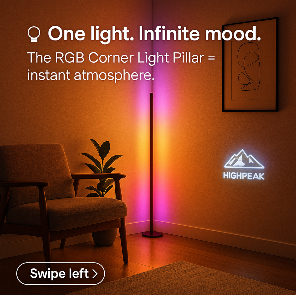 LumePillar RGB Sync floor lamp in corner setting with orange and pink ambient glow, modern armchair and wall art