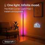 LumePillar RGB Sync floor lamp in corner setting with orange and pink ambient glow, modern armchair and wall art