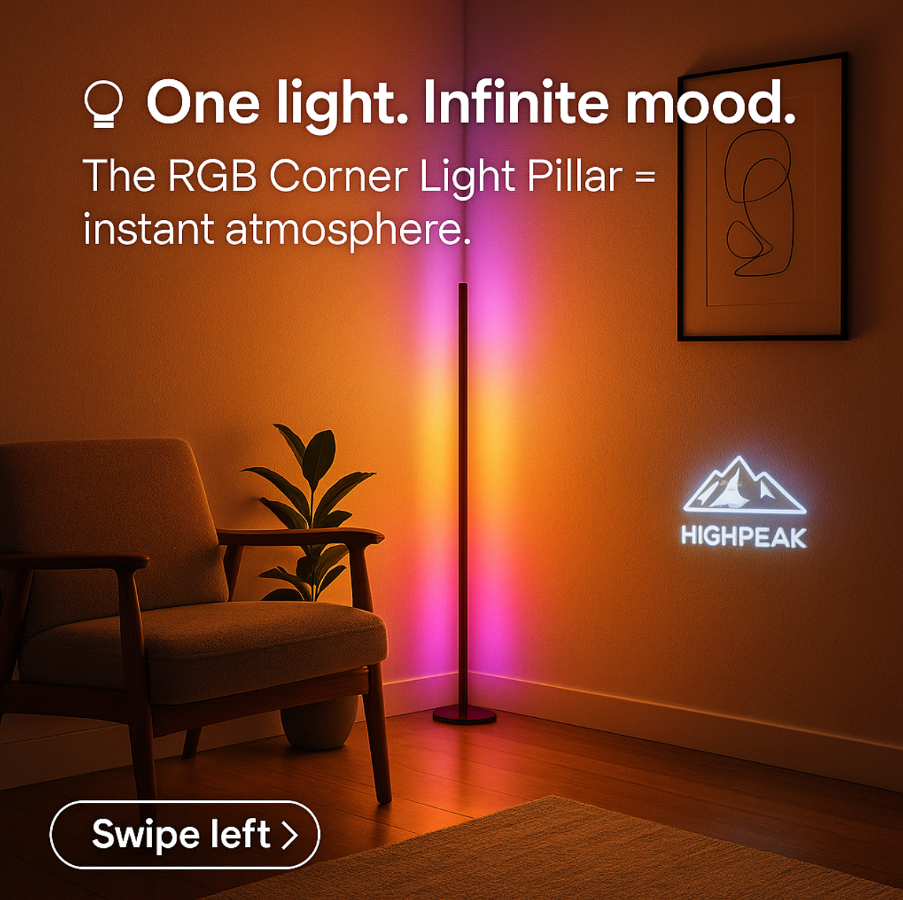 LumePillar RGB Sync floor lamp in corner setting with orange and pink ambient glow, modern armchair and wall art