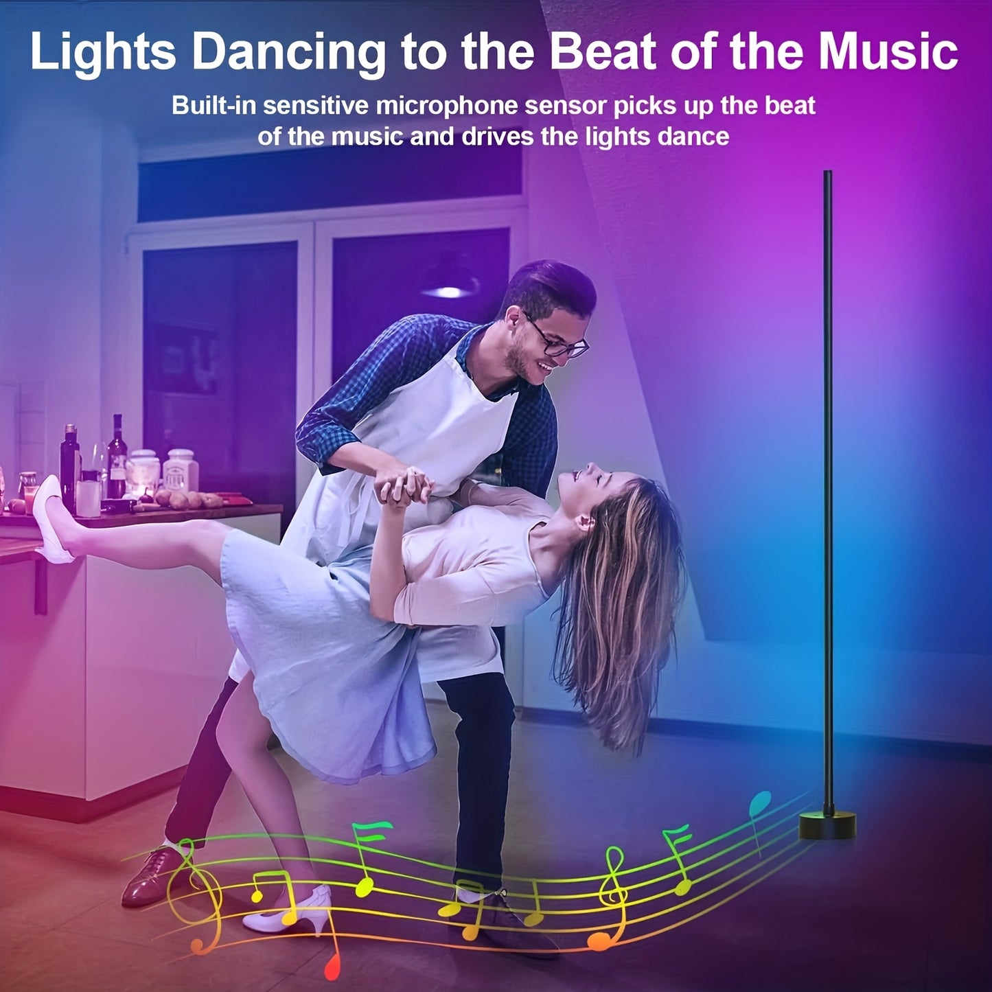 LumePillar RGB Sync floor lamp creating vibrant ambient lighting with blue and purple hues in modern room with music sync feature shown