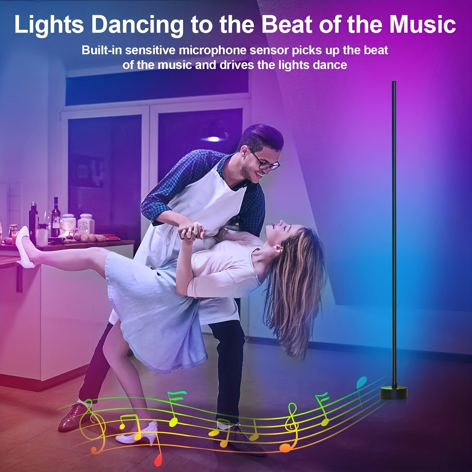 LumePillar RGB Sync floor lamp creating vibrant ambient lighting with blue and purple hues in modern room with music sync feature shown