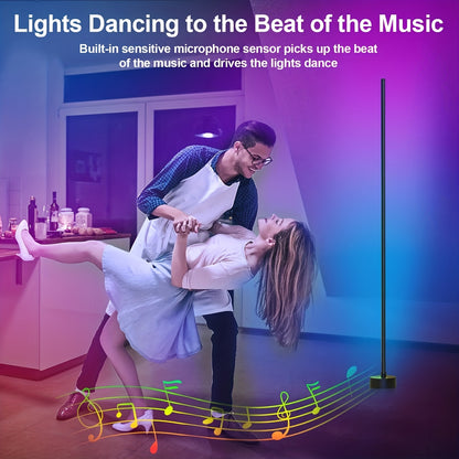 LumePillar RGB Sync floor lamp creating vibrant ambient lighting with blue and purple hues in modern room with music sync feature shown