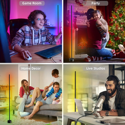 LumePillar RGB floor lamps shown in 4 settings - gaming room, festive party, living room, and studio with vibrant color-changing effects