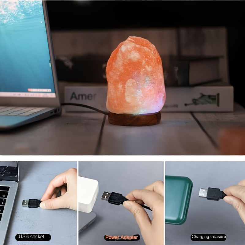 LumiStone Himalayan salt lamp with USB charging on wooden base near laptop - natural pink glow ambient lighting