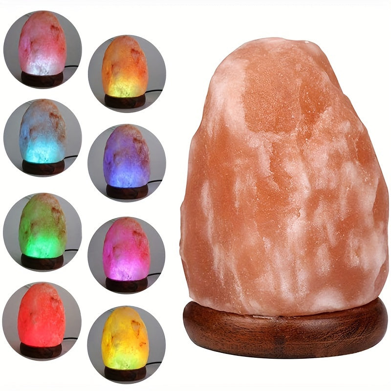 LumiStone Himalayan salt lamp with multicolor LED base displaying 8 vibrant color options on wooden stand - natural crystal decor