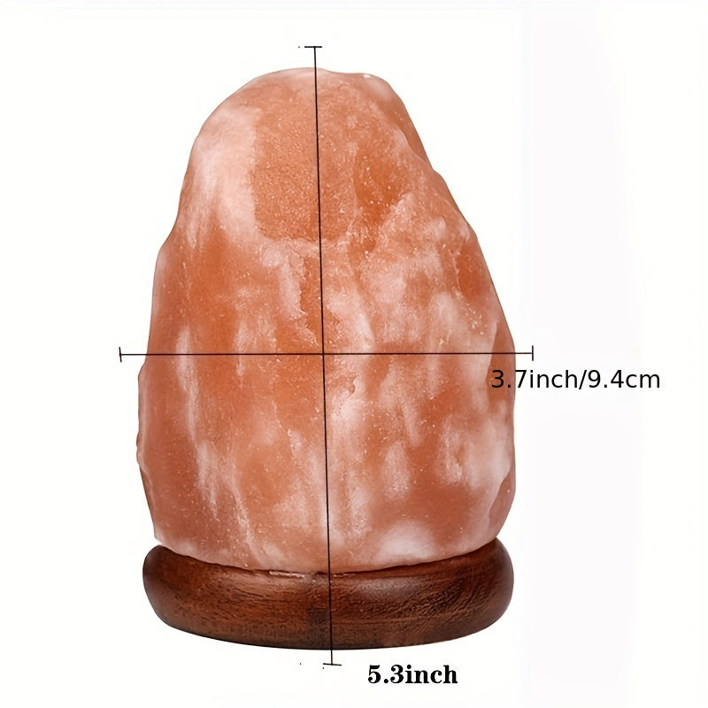 LumiStone Himalayan salt lamp with natural coral-pink crystal on wooden base - measured 9.4cm tall atmospheric lighting