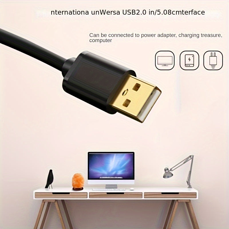 LumiStone USB 2.0 cable with gold-plated connector on modern white desk setup with laptop and Himalayan salt lamp