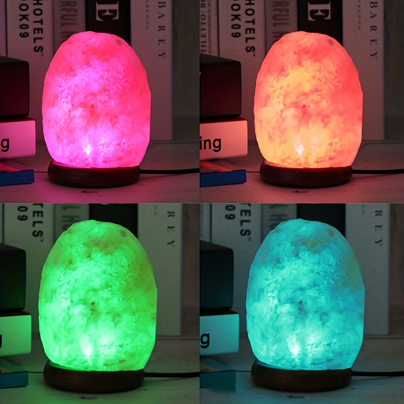 LumiStone color-changing Himalayan salt lamp displaying pink, orange, green, and blue illumination on wooden base with book backdrop