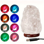 LumiStone natural Himalayan salt lamp with USB-powered multicolor LED base displaying 8 vibrant lighting options