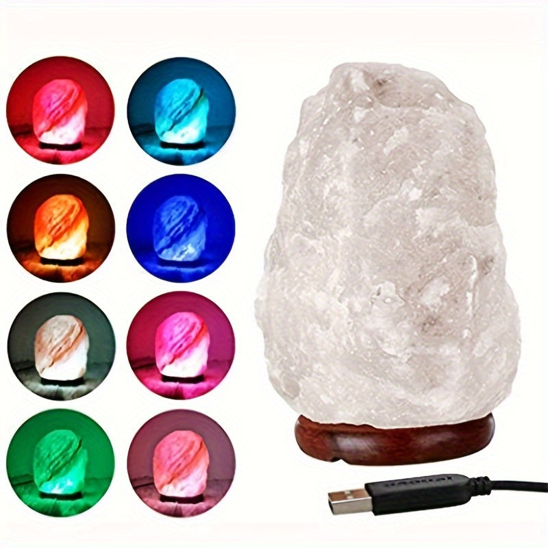 LumiStone natural Himalayan salt lamp with USB-powered multicolor LED base displaying 8 vibrant lighting options
