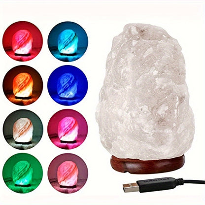 LumiStone natural Himalayan salt lamp with USB-powered multicolor LED base displaying 8 vibrant lighting options