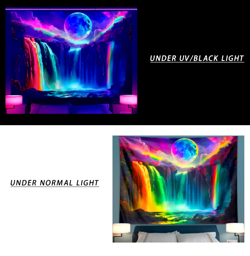 LuminFalls Cascade tapestry featuring glowing rainbow waterfall and moonlit sky, shown in regular and blacklight settings