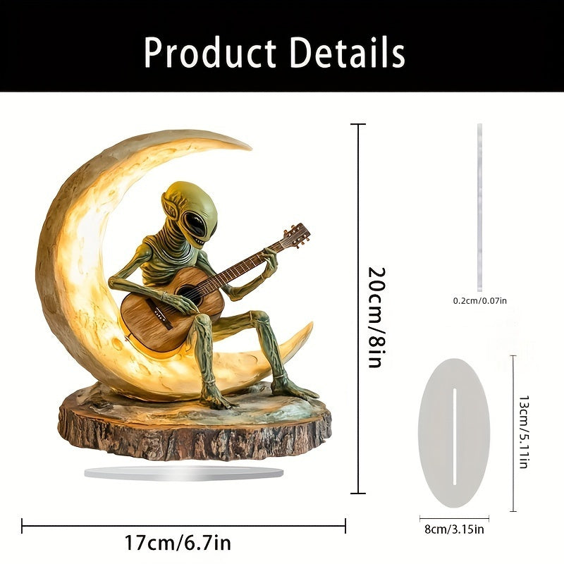 Lunar Strummer alien figure playing guitar on illuminated crescent moon sculpture - HighPeak cosmic decor art piece