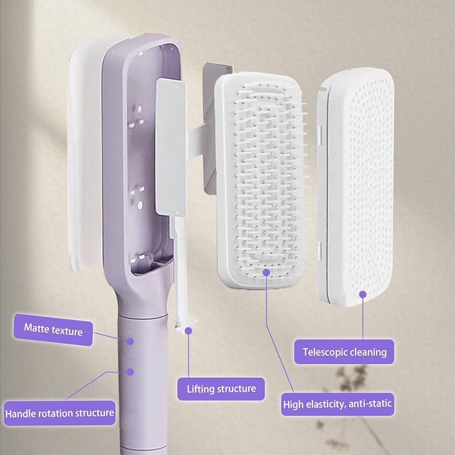 LuxeBrush self-cleaning hairbrush in lavender, disassembled view showing telescopic bristles and rotating handle mechanism