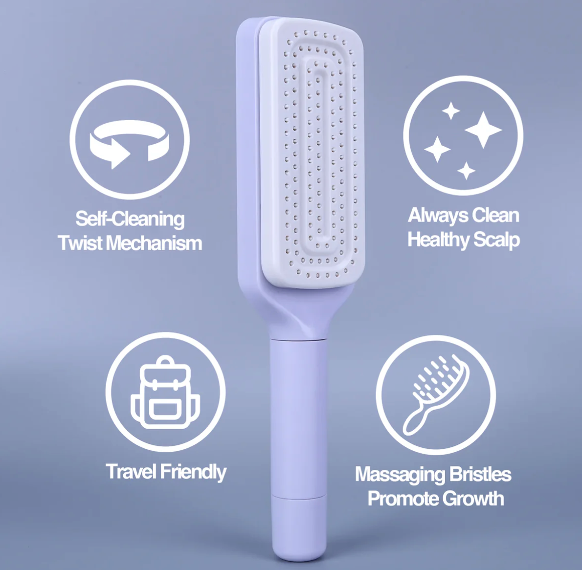 LuxeBrush self-cleaning hairbrush in white with massaging bristles, featuring twist mechanism and travel-friendly design