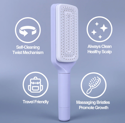 LuxeBrush self-cleaning hairbrush in white with massaging bristles, featuring twist mechanism and travel-friendly design