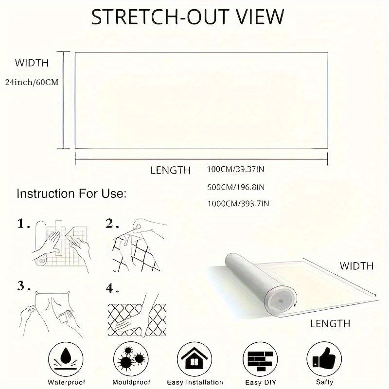 LuxeMarble vinyl wrap dimensions and installation guide showing 500cm length, 40cm width with waterproof and moldproof features