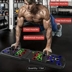 HighPeak SolidPush™ Push-Up Board in black with color-coded grips showing muscle targeting in a gym workout setting