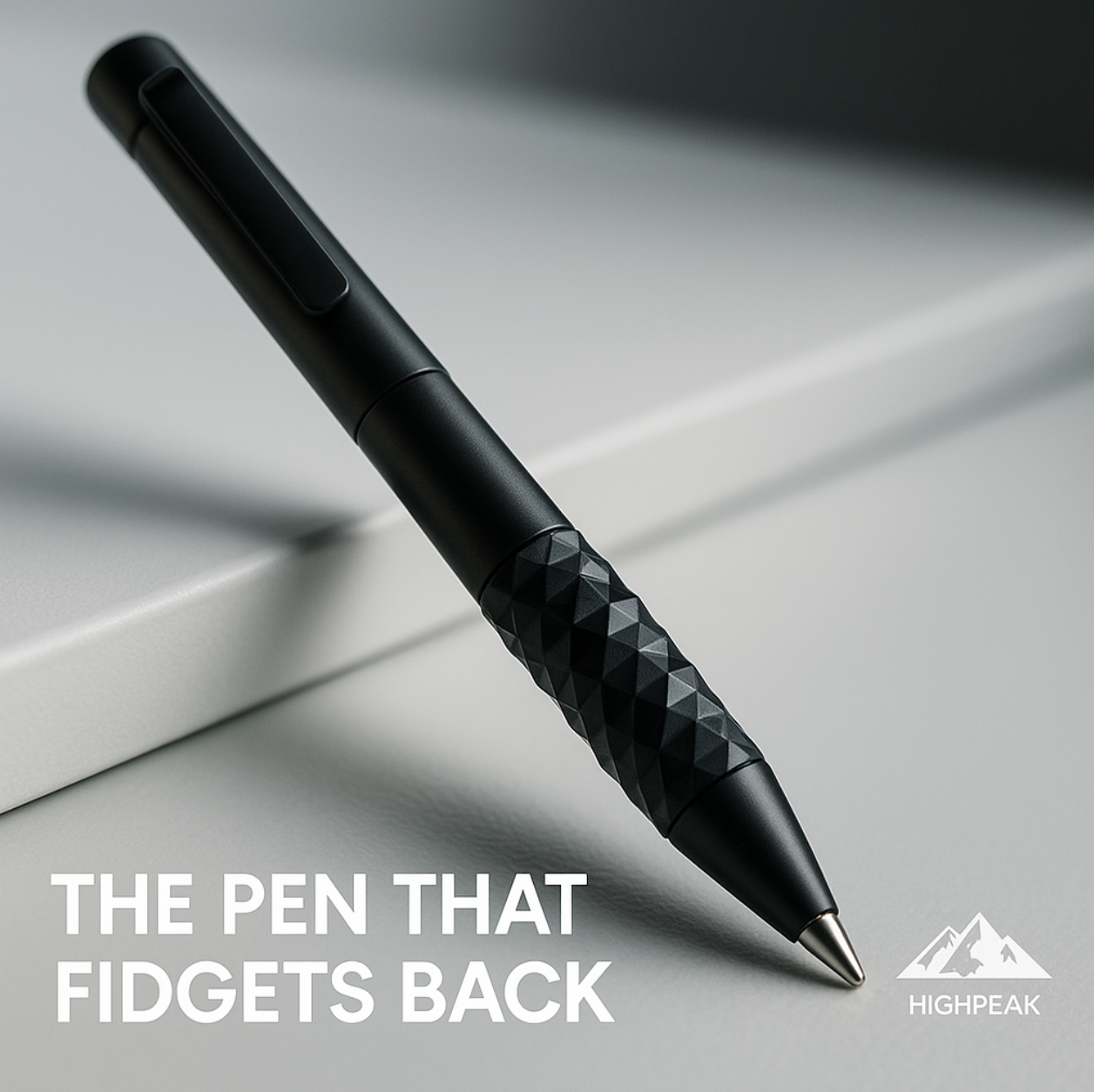 Geometric Metal Crinkle Pen in matte black with diamond-textured grip on white surface - HighPeak executive fidget pen